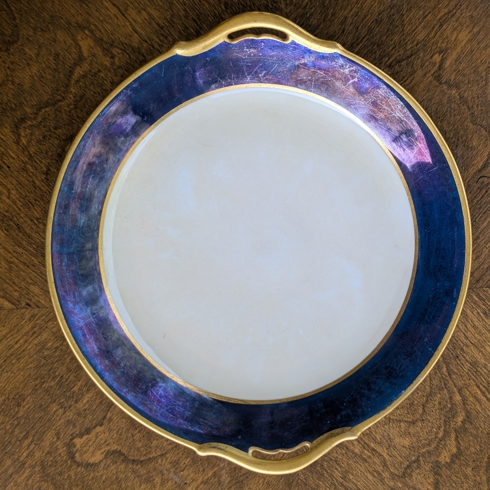 Antique 1910s Pickard Hand-Painted Handled Plate - Iridescent Blue & Gold